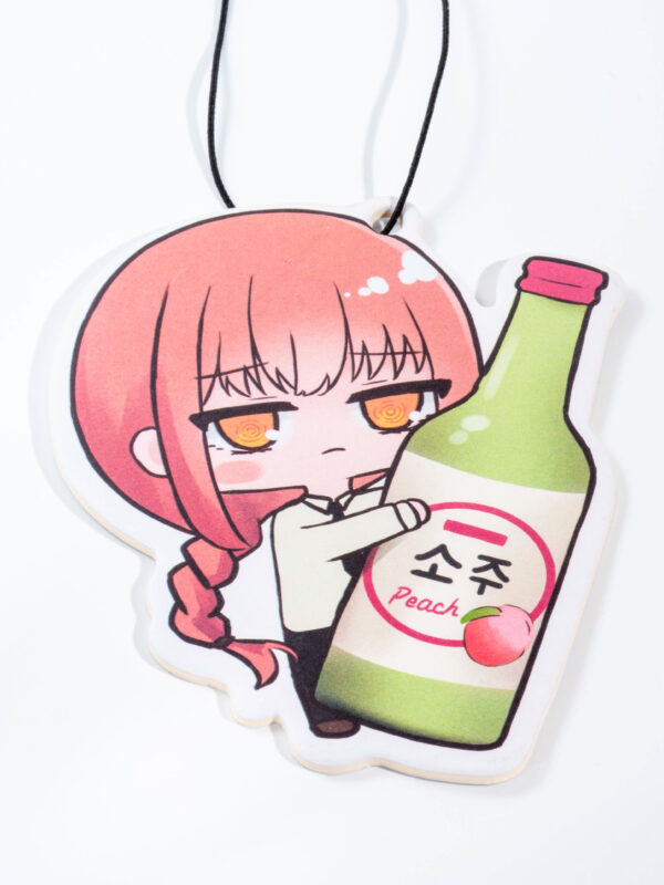 Hanging air freshener featuring Makima from Chainsaw Man holding a peach soju bottle