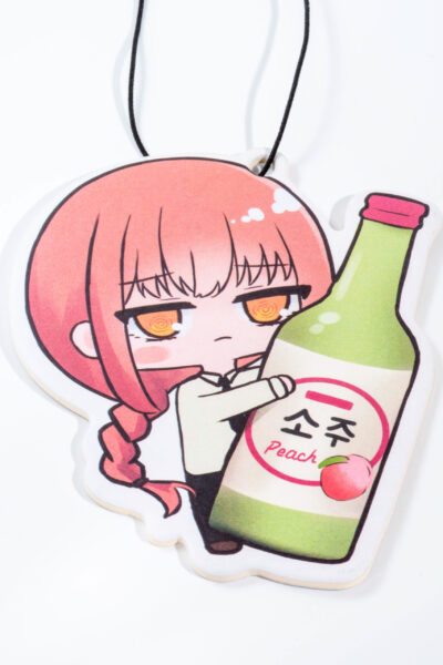 Hanging air freshener featuring Makima from Chainsaw Man holding a peach soju bottle